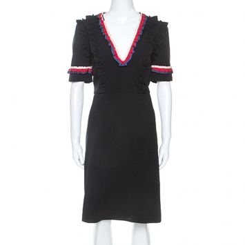 Pre Owned Gucci Black Stretch Jersey Ruffled Detail Short Dress XL