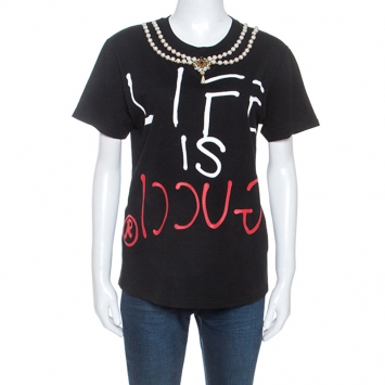 Pre Owned  Gucci Black Printed Cotton Pearl Necklace Embellished T-Shirt S