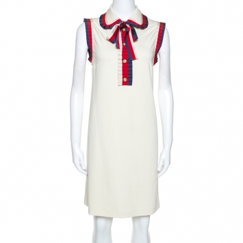 Pre Owned Gucci Cream Stretch Jersey Web Trim Detail Shift Dress L