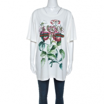 Pre Owned Gucci White Floral Logo Printed Cotton T-Shirt L