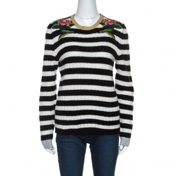 Pre Owned Gucci Monochrome Striped Knit Floral Embroidered Applique Sweater M