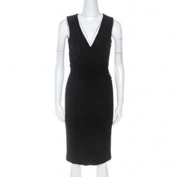 Pre Owned Gucci Black Crepe Ruched Detail V Neck Midi Dress S