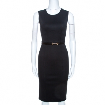 Pre Owned Gucci Black Knit Belted Sleeveless Sheath Dress S