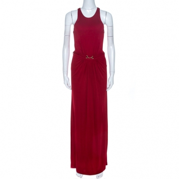 Pre Owned Gucci Scarlet Red Knit Belt Detail Sleeveless Maxi Dress M