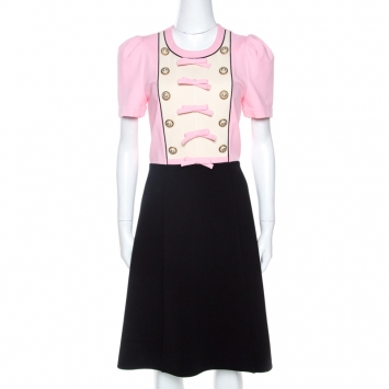 Pre Owned Gucci Pink & Black Knit Bow Detail Midi Dress XL