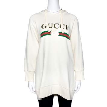 Pre Owned Gucci Cream Appliqued Cotton Blind For Love Oversized Hoodie M
