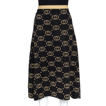 Pre Owned Gucci Black and Gold Wool Lurex Trim GG Logo Detail Skirt L