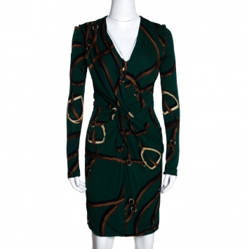 Pre Owned Gucci Dark Green Equestrian Printed Jersey Draped Long Sleeve Dress XS