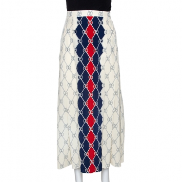 Pre Owned Gucci Cream & Navy Blue Silk Rhombus Skirt S