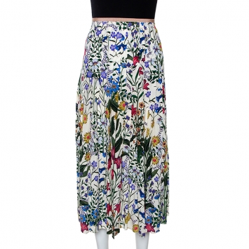 Pre Owned Gucci Multicolor Floral Printed Silk Pleated Midi Skirt M