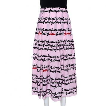 Pre Owned Gucci Pink Silk Cursive Logo Print Pleated Midi Skirt M