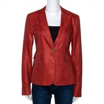 Pre Owned Gucci Brick Red Hemp & Silk Single Buttoned Blazer M
