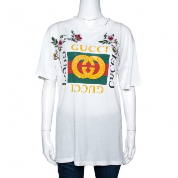 Pre Owned Gucci White Logo Printed & Embroidered Cotton Distressed T-Shirt XS