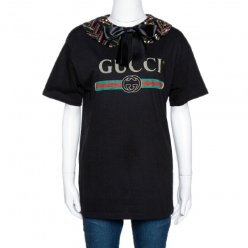 Pre Owned Gucci Black Logo Print Cotton Sequin Embellished Collar T-Shirt XS