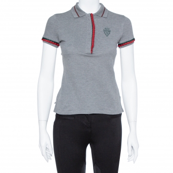 Pre Owned Gucci Grey Cotton Web Trim Fitted Polo T-Shirt XS