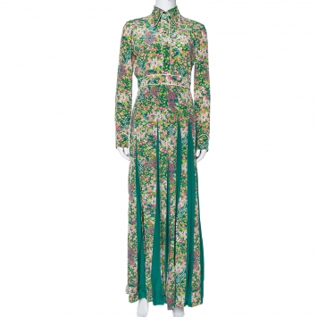 Pre Owned Gucci Green Floral Printed Silk Pleated Maxi Dress S