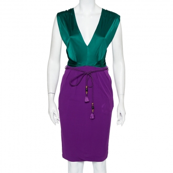 Pre Owned Gucci Green & Purple Knit Belted Deep Neck Midi Dress S