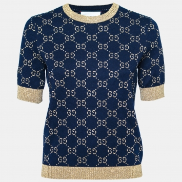 Pre Owned Gucci Navy Blue & Gold GG Lurex Jacquard Cotton Crewneck Jumper M
