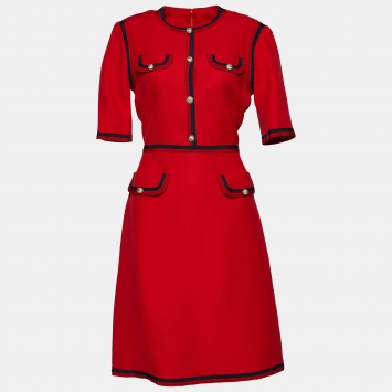Pre Owned Gucci Red Wool & Silk Web Trim Knee-Length Dress M