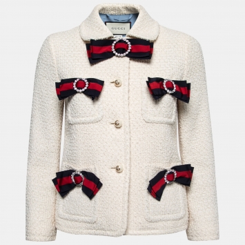 Pre Owned Gucci Cream Bow Detail Tweed Cropped Jacket S