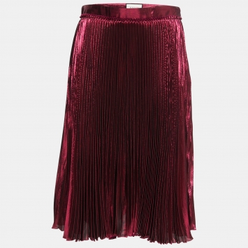 Pre Owned Gucci Magenta Pink Lame Silk Pleated Midi Skirt M