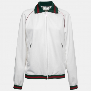 Pre Owned Gucci White Jersey Web Stripe Rib Knit Trimmed Zip Front Jacket S