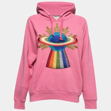 Pre Owned Gucci Pink Cotton Embroidered Oversized Hoodie XS