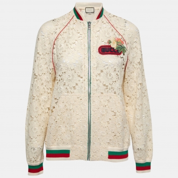 Pre Owned Gucci Cream Floral Lace Web Stripe Rib Knit Trimmed Zip Front Jacket S