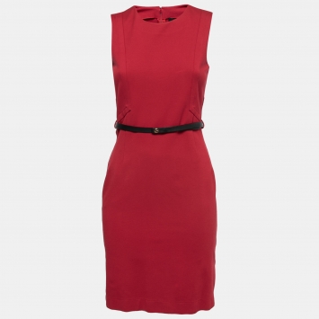 Pre Owned Gucci Red Stretch Knit Belted Bodycon Midi Dress M
