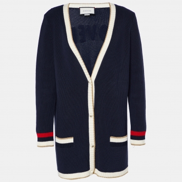 Pre Owned Gucci Navy Blue Cotton Knit Embroidery Detail Cardigan L