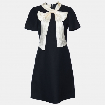 Pre Owned Gucci Black Crepe Contrast Bow Detail Mini Dress M