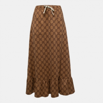 Pre Owned Gucci Brown GG Monogram Jersey Ruffled Hem Midi Skirt XS