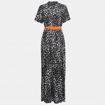 Pre Owned Gucci Monochrome Printed Silk Belted Pleated Maxi Dress M