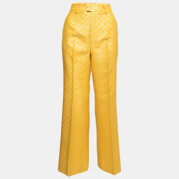 Pre Owned Gucci Yellow & Metallic Gold GG Jacquard Trousers S