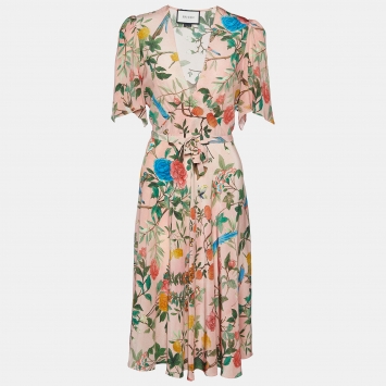 Pre Owned Gucci Pink Tian Printed Silk Midi Dress M