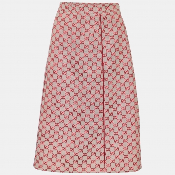 Pre Owned Gucci Ivory & Red Logo Jacquard Midi Skirt M
