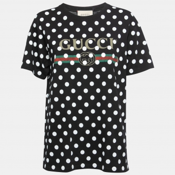 Pre Owned Gucci Black Polka-Dot Print Cotton Logo T-Shirt XS