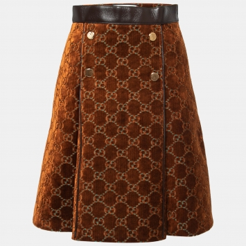 Pre Owned Gucci Brown GG Velvet Midi Skirt S