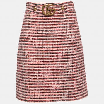 Pre Owned Gucci Red/Black Tweed Logo Buckle Detail A-Line Skirt S
