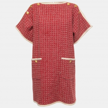 مملوكة مسبقًا Gucci Red Logo Patterned Wool Blend Pocket Detail Mini Dress M