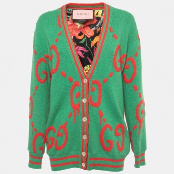 Pre Owned Gucci Green Ghost Patterned Wool Reversible Cardigan M