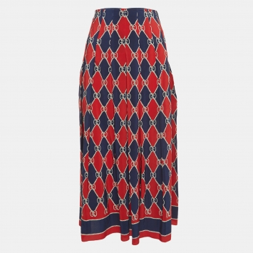 Gucci Navy Blue/Red GG Print Silk Paneled Midi Skirt S
