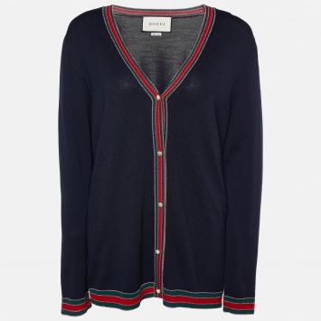 Pre Owned Gucci Navy Blue Wool Knit Web Trimmed Button Front Cardigan XXL