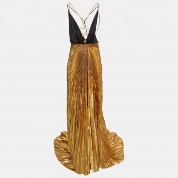 Pre Owned Gucci Metallic Gold Satin Silk and Lame Plisse With Harness Gown S