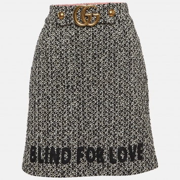 Pre Owned Gucci Black 'Blind For Love' Embroidered Tweed Buckle Detail Mini Skirt M