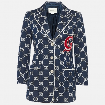 Pre Owned Gucci Navy Blue GG Jacquard Applique Detail Jersey Jacket S