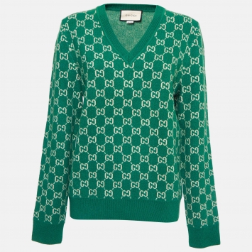 Pre Owned Gucci Green GG Web Intarsia Wool V-Neck Sweater S
