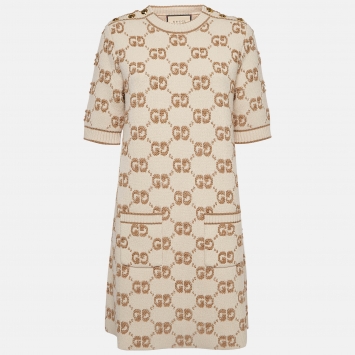 Pre Owned Gucci Beige GG Wool Knit Mini Dress L