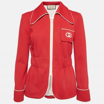 Pre Owned Gucci Red Interlock GG Nylon Knit Zipper Jacket S