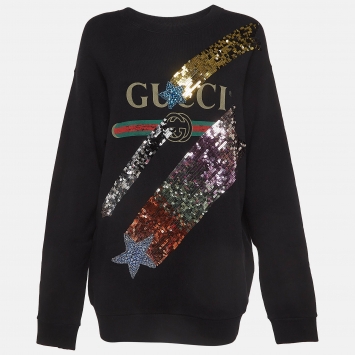 Pre Owned Gucci Black Logo Print Cotton Star Sequin Embellished Sweatshirt M